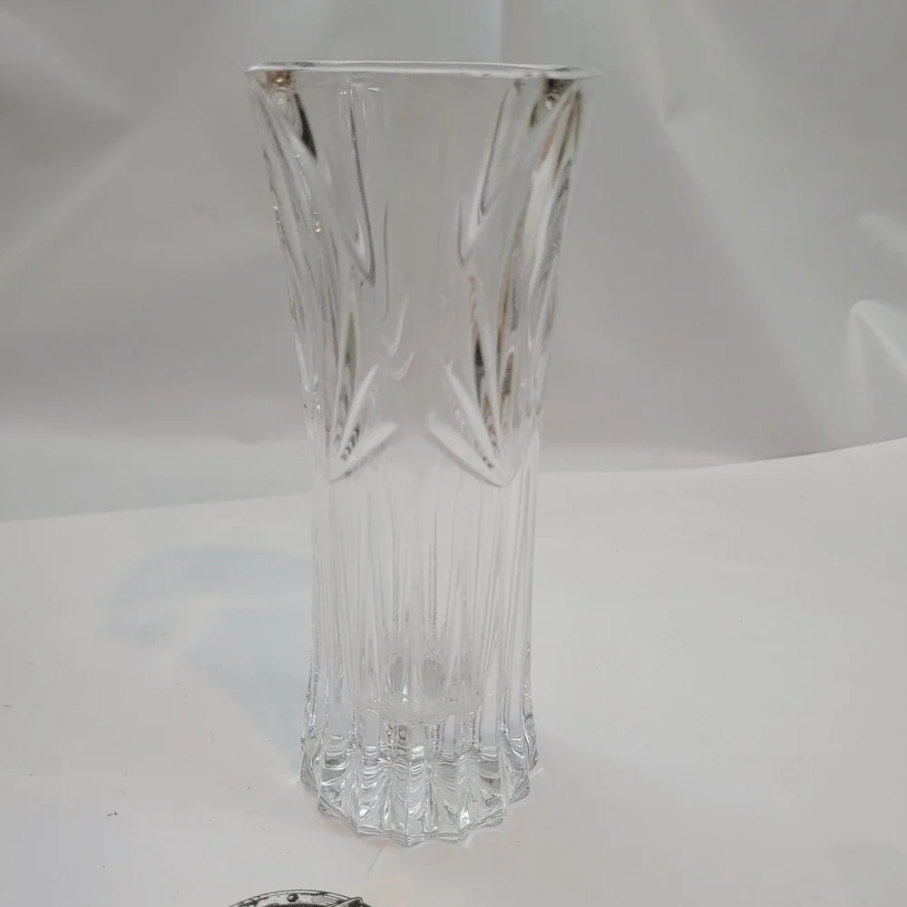 Vintage Crystal Bud Vase Starburst Fan Cut Glass 6.25 Inch Square Rim Scalloped